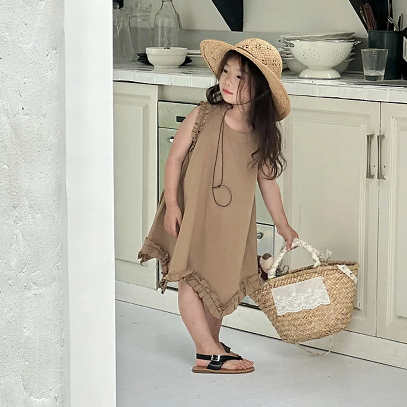 -キッズワンピース ノースリーブフリルワンピース アシメスカート 2カラー【mh0005999】 - mamahalo shop - ノースリーブワンピース -  べビー服 - 子供服 - 男の子 - 女の子