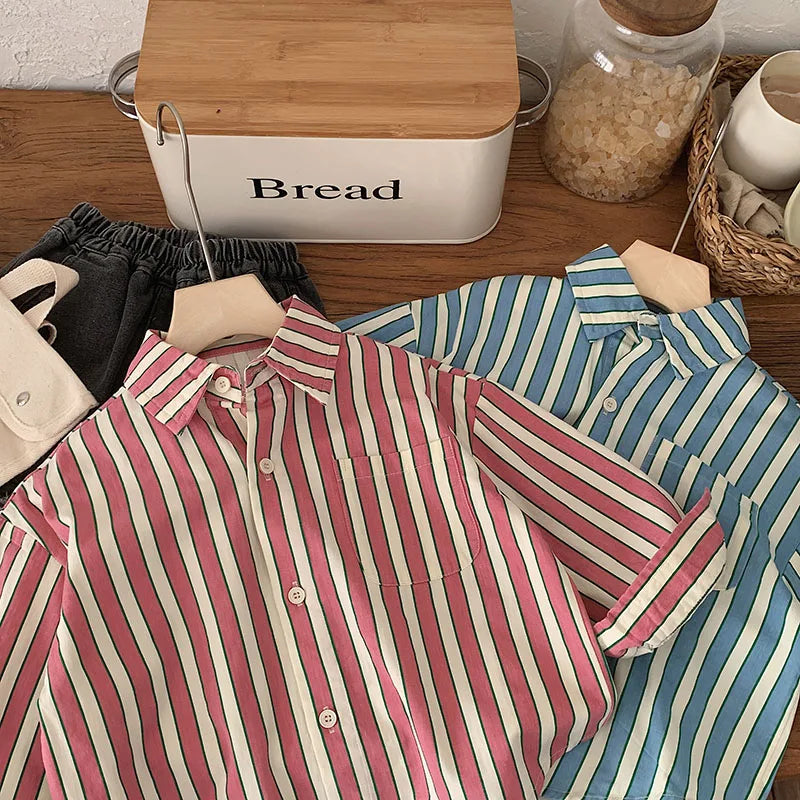 -キッズトップス 長袖シャツ ブラウス ストライプ柄 ピンク/ブルー/2カラー - mamahalo shop - 長袖シャツ・ブラウス -  べビー服 - 子供服 - 男の子 - 女の子