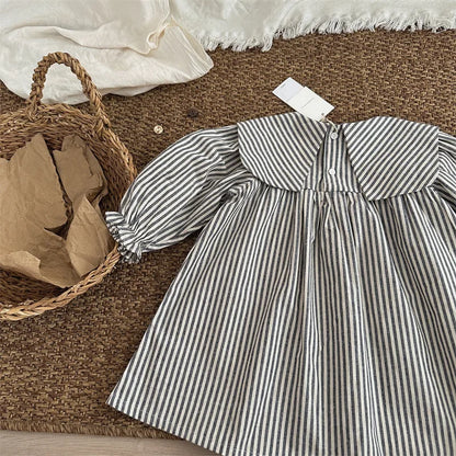 -キッズワンピース ストライプビッグ襟長袖ワンピース - mamahalo shop - 長袖ワンピース -  べビー服 - 子供服 - 男の子 - 女の子