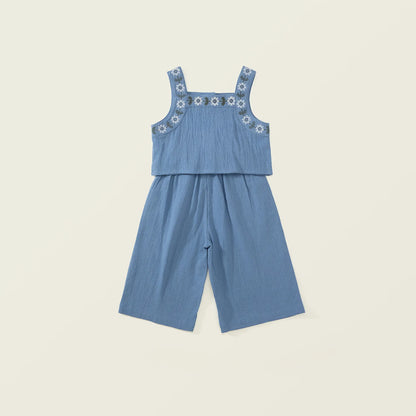 -キッズセットアップ 2点セット キャミソールトップス+ワイドルーズパンツ フラワー花柄刺繍 2カラー - mamahalo shop - ノースリーブセットアップ -  べビー服 - 子供服 - 男の子 - 女の子