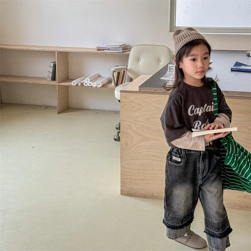 -キッズパンツ デニムパンツ 裾パッチワーク ロングルーズ デザインパンツ ジーンズ ジーパン 2カラー【mh0006578】 - mamahalo shop - デニムパンツ -  べビー服 - 子供服 - 男の子 - 女の子