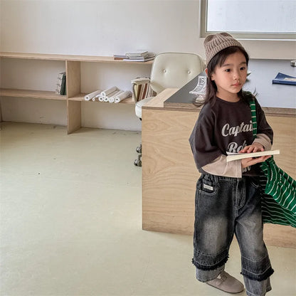 -キッズパンツ デニムパンツ 裾パッチワーク ロングルーズ デザインパンツ ジーンズ ジーパン 2カラー【mh0006578】 - mamahalo shop - デニムパンツ -  べビー服 - 子供服 - 男の子 - 女の子