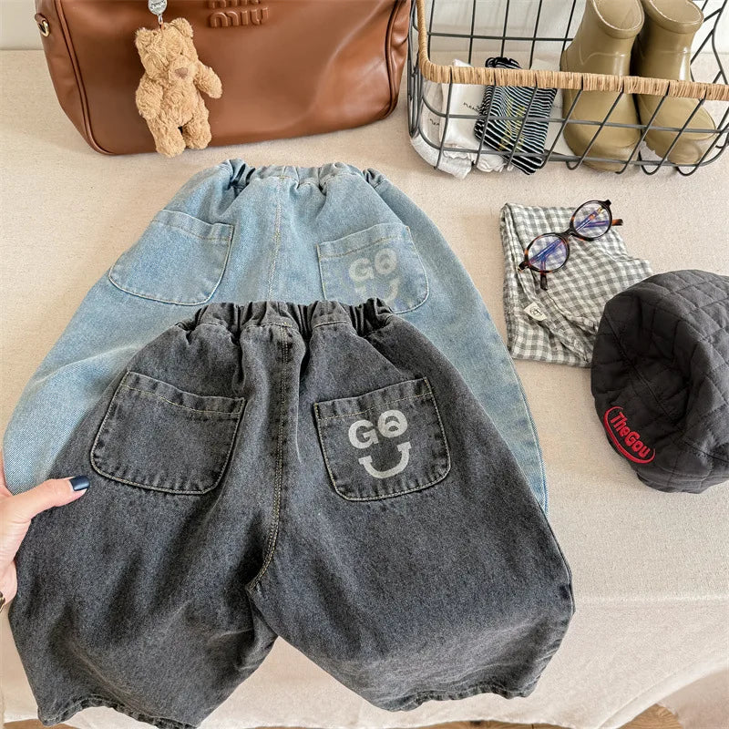 -キッズパンツ デニムパンツ ジーンズ パッチワークルーズパンツ ジーンズ ブルー/ブラック/2カラー - mamahalo shop - デニムパンツ -  べビー服 - 子供服 - 男の子 - 女の子