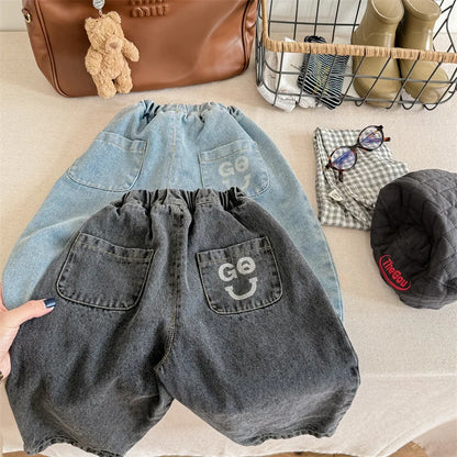 -キッズパンツ デニムパンツ ジーンズ パッチワークルーズパンツ ジーンズ ブルー/ブラック/2カラー - mamahalo shop - デニムパンツ -  べビー服 - 子供服 - 男の子 - 女の子