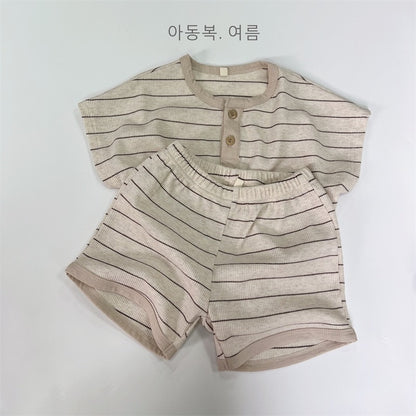 -キッズ ボーダー セットアップ 半袖 Tシャツ ショートパンツ ベージュ アーミーグリーン ボーイズ - mamahalo shop - 半袖セットアップ -  べビー服 - 子供服 - 男の子 - 女の子