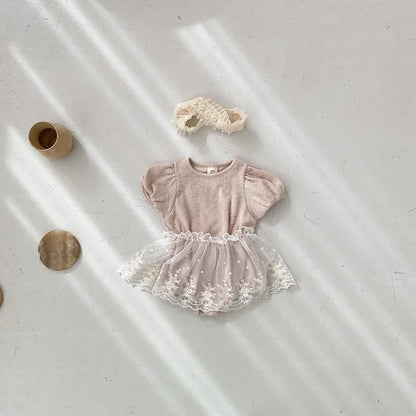 -ベビーロンパース レーススカートセット 半袖パフスリーブボディスーツ 2カラー【mh0005544】 - mamahalo shop - ロンパースセットアップ -  べビー服 - 子供服 - 男の子 - 女の子