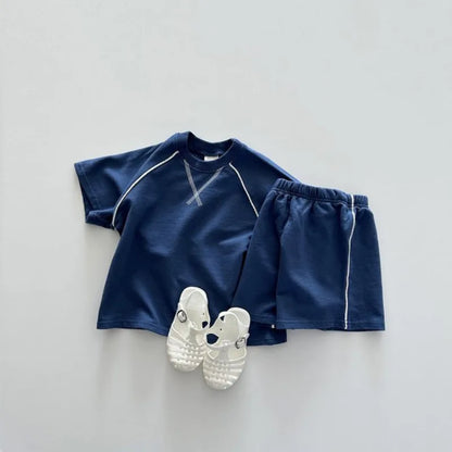 -キッズセットアップ 2点セット ステッチ半袖Tシャツ+ショートパンツ 2カラー【mh0005375】 - mamahalo shop - 半袖セットアップ -  べビー服 - 子供服 - 男の子 - 女の子