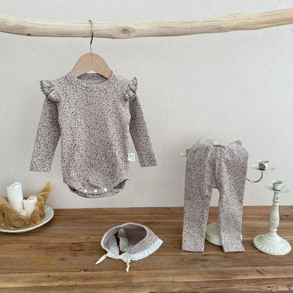 -ベビーセットアップ 3点セット 長袖ロンパース+パンツ+ボンネット帽子 フラワー花柄プリント 2カラー【mh0006570】 - mamahalo shop - ロンパースセットアップ -  べビー服 - 子供服 - 男の子 - 女の子