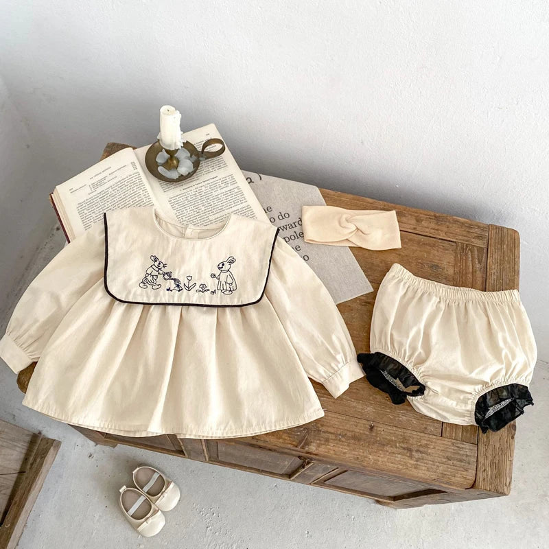 -ベビーキッズセットアップ 2点セット うさぎ刺繍襟長袖チュニックブラウス+ブルマパンツ カーキ【mh0006995】 - mamahalo shop - 長袖セットアップ -  べビー服 - 子供服 - 男の子 - 女の子