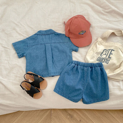 -キッズセットアップ 2点セット デニム 半袖シャツ+ショートパンツ【mh0006177】 - mamahalo shop - 半袖セットアップ -  べビー服 - 子供服 - 男の子 - 女の子