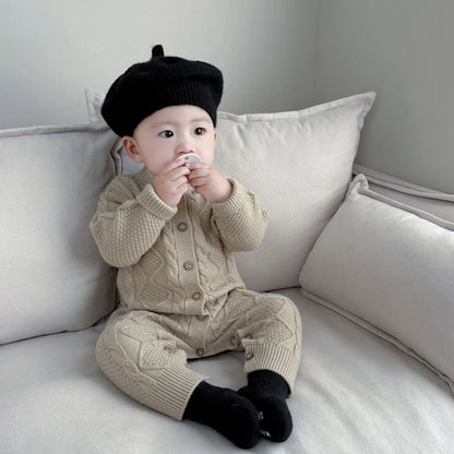 -ベビーロンパース 長袖ニットジャンプスーツ アランニットケーブル編み ホワイト/カーキ/2カラー【mh0004410】 - mamahalo shop - 長袖ロンパース -  べビー服 - 子供服 - 男の子 - 女の子