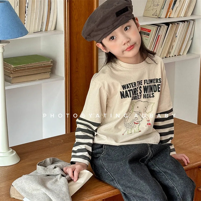 -キッズトップス 長袖ドッキングTシャツ 象エレファントプリント ボーダー袖 2カラー - mamahalo shop - 長袖Tシャツ -  べビー服 - 子供服 - 男の子 - 女の子