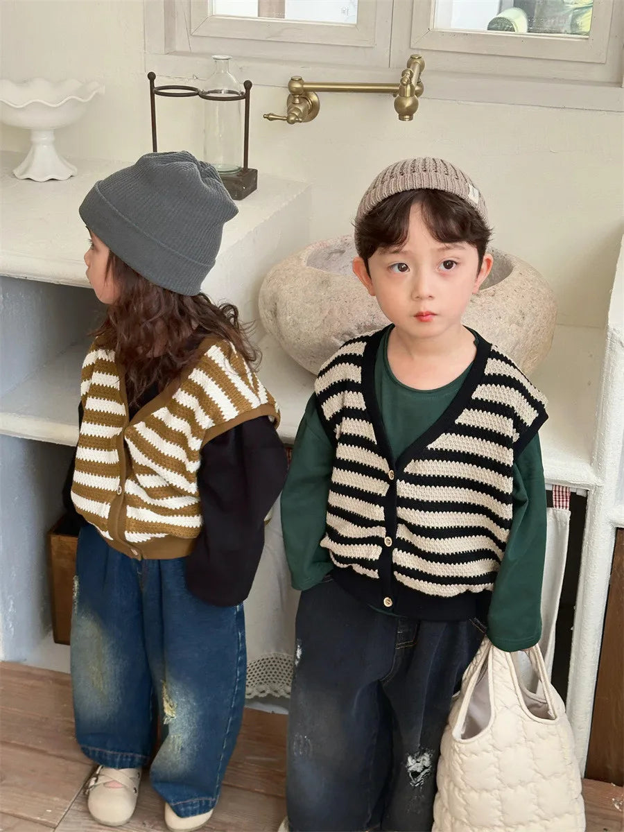 -キッズベスト ボーダー柄ニットベスト イエロー/ブラック/2カラー - mamahalo shop - ベスト -  べビー服 - 子供服 - 男の子 - 女の子