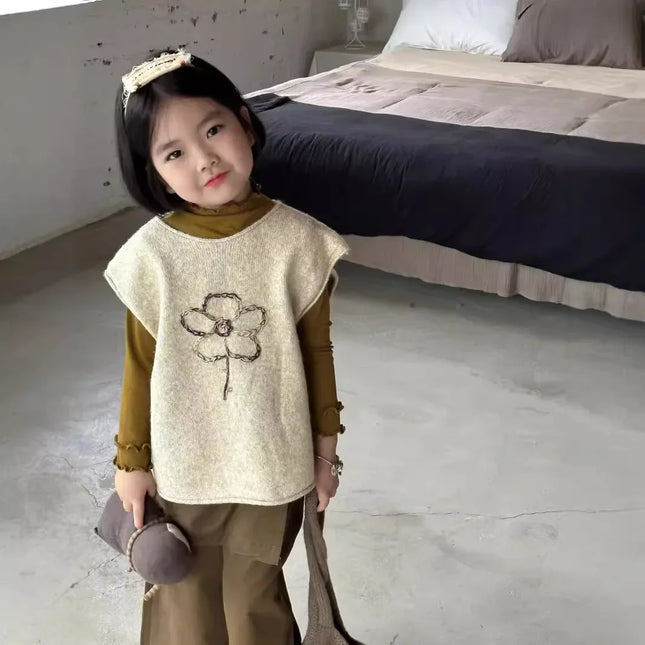 4204 Children Knitted Clothes 2024 Autumn New Embroidered Sleeveless Girl's Knitted Vest 3-9Year Kid's Knitted Sweater Tops - mamahalo shop - ベスト -  べビー服 - 子供服 - 男の子 - 女の子