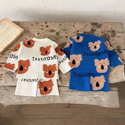 -ベビーセットアップ 2点セット コアラ柄ニット長袖セータートップス+ニットハーフパンツ 2カラー - mamahalo shop - 長袖セットアップ -  べビー服 - 子供服 - 男の子 - 女の子