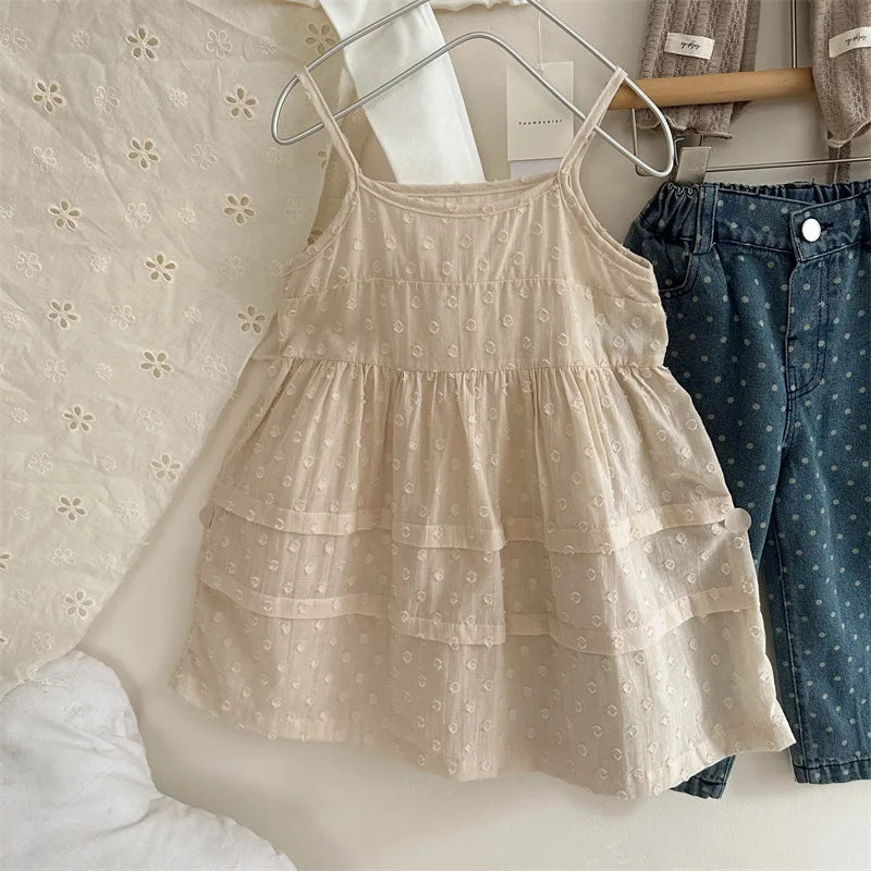 -キッズワンピース 刺繍レース重ね着キャミソールスリップドレス ベージュ - mamahalo shop - ノースリーブワンピース -  べビー服 - 子供服 - 男の子 - 女の子
