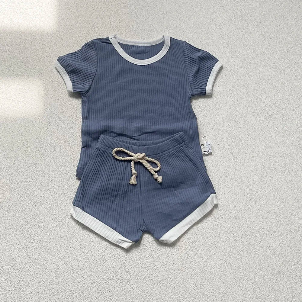 -ベビーセットアップ 2点セット 半袖Tシャツ+ショートパンツ シンプルベーシック 無地/ボーダー 5カラー - mamahalo shop - 半袖セットアップ -  べビー服 - 子供服 - 男の子 - 女の子