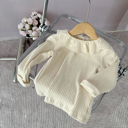 -キッズトップス 長袖Tシャツ レース襟カットソー ベージュ/コーヒー/2カラー【mh0004097】 - mamahalo shop - 長袖Tシャツ -  べビー服 - 子供服 - 男の子 - 女の子