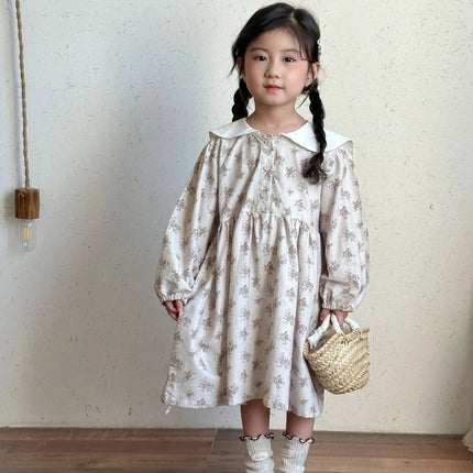 キッズワンピース フラワープリントセーラーカラー長袖ワンピース - mamahalo shop - 長袖ワンピース -  べビー服 - 子供服 - 男の子 - 女の子