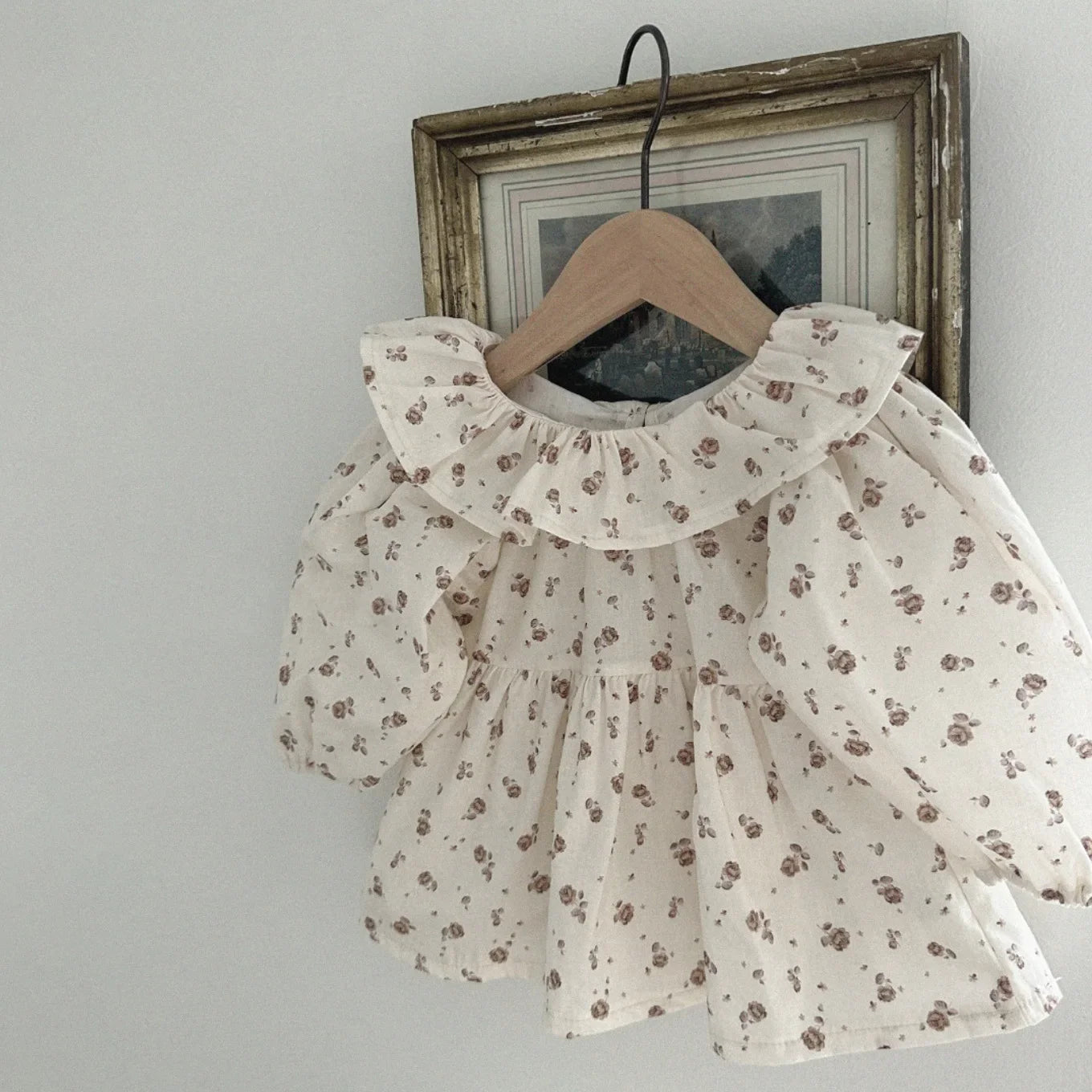 -ベビートップス フラワー小花柄プリントサークルフリル襟長袖パフスリーブチュニックブラウス 3カラー - mamahalo shop - 長袖シャツ・ブラウス -  べビー服 - 子供服 - 男の子 - 女の子