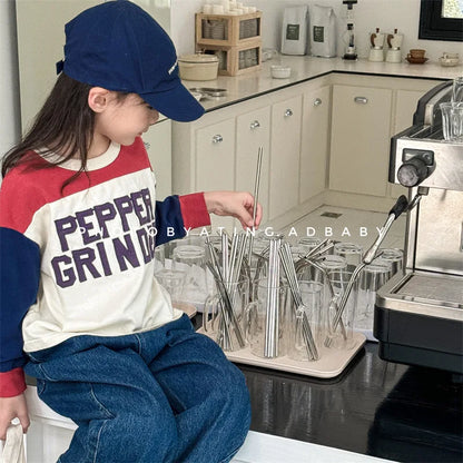 -キッズトップス 長袖Tシャツ ホッケーシャツ パッチワーク レターロゴ刺繍 2カラー - mamahalo shop - 長袖Tシャツ -  べビー服 - 子供服 - 男の子 - 女の子