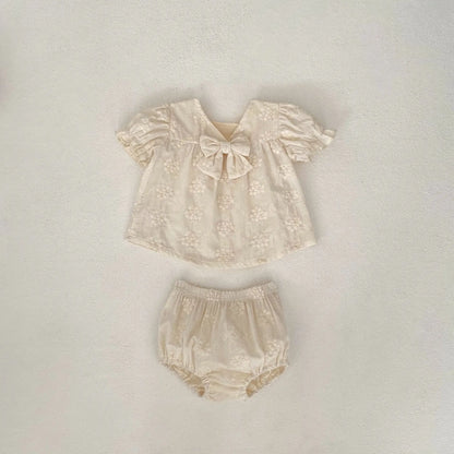 -ベビーセットアップ 2点セット 半袖パフスリーブリボンブラウス+ブルマパンツ ベージュ【mh0004615】 - mamahalo shop - 半袖セットアップ -  べビー服 - 子供服 - 男の子 - 女の子