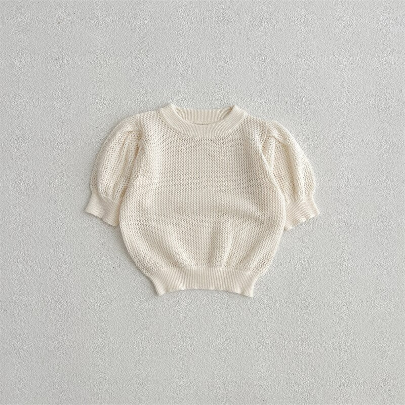 -ベビー サマーニット レース 半袖 パフスリーブ セーター カットソー Tシャツ トップス ベージュホワイト ブラウン ガールズ - mamahalo shop - ニット・セーター -  べビー服 - 子供服 - 男の子 - 女の子
