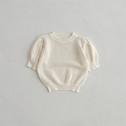 -ベビー サマーニット レース 半袖 パフスリーブ セーター カットソー Tシャツ トップス ベージュホワイト ブラウン ガールズ - mamahalo shop - ニット・セーター -  べビー服 - 子供服 - 男の子 - 女の子