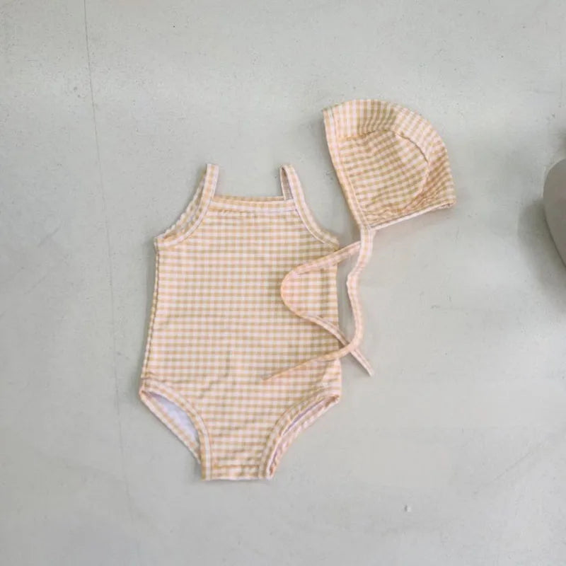 -ベビー水着 帽子セット キャミソールワンピース スイムウェア チェック/水玉ドット/フラワー花柄プリント 4カラー【mh0005116】 - mamahalo shop - ベビー用水着 -  べビー服 - 子供服 - 男の子 - 女の子