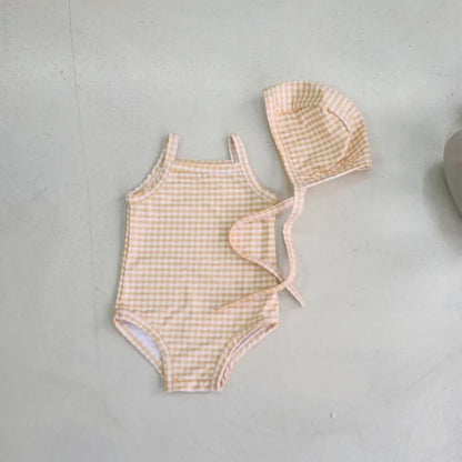 -ベビー水着 帽子セット キャミソールワンピース スイムウェア チェック/水玉ドット/フラワー花柄プリント 4カラー【mh0005116】 - mamahalo shop - ベビー用水着 -  べビー服 - 子供服 - 男の子 - 女の子