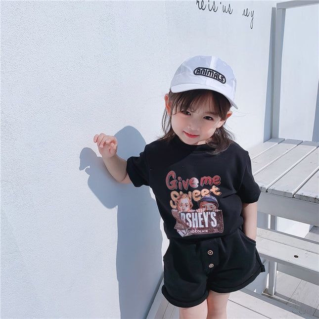 キッズ レトロ プリント チョコレート セットアップ 半袖 Tシャツ ショートパンツ ユニセックス 7559 - mamahalo shop - 半袖セットアップ - ベビー服 - 子供服 - 男の子 - 女の子