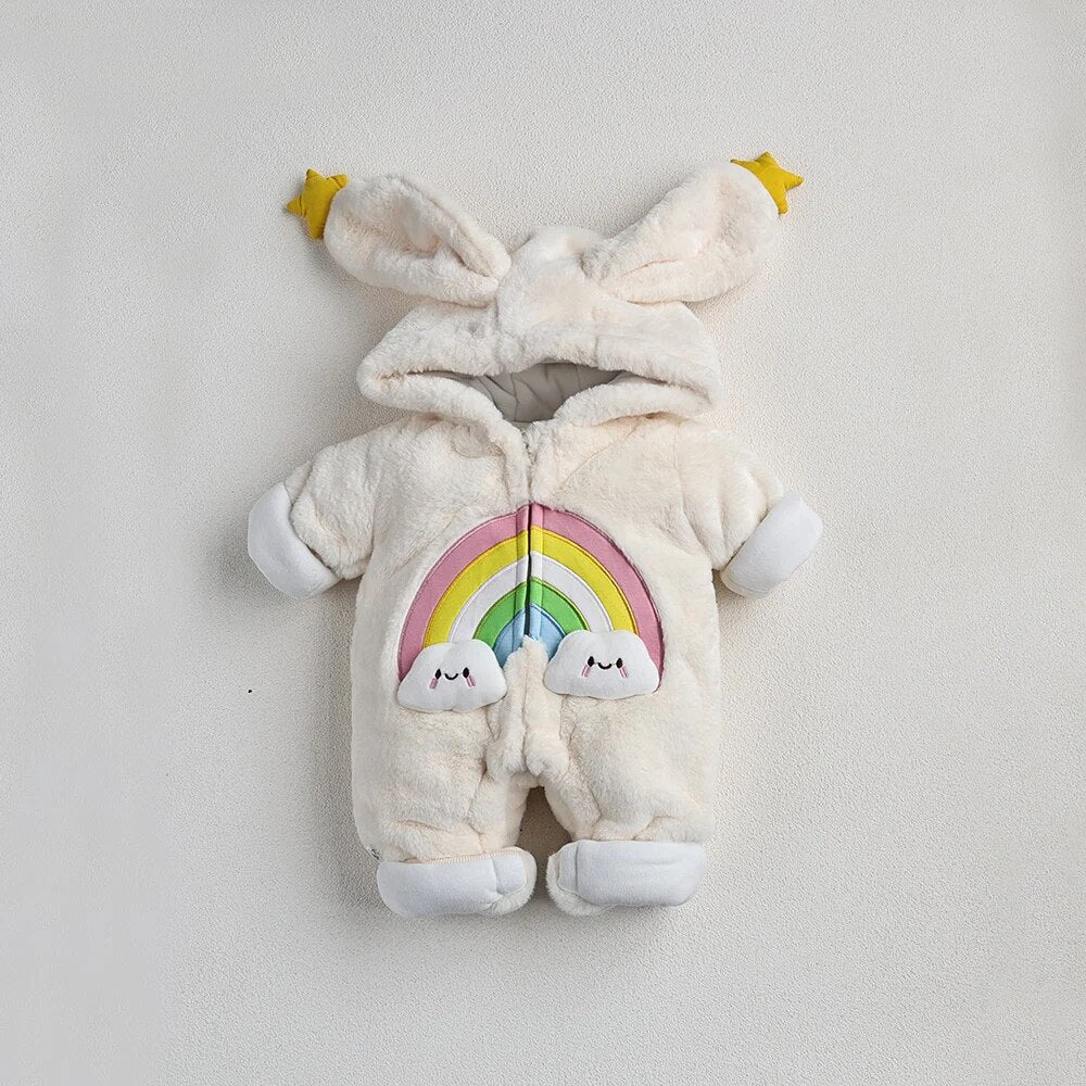 -ベビーアウタージャンプスーツ うさぎ バニー 耳付きフーディロンパース フリース ピンク ホワイト 2カラー ユニセックス 男の子 女の子 子供服 - mamahalo shop - アウタージャンプスーツ -  べビー服 - 子供服 - 男の子 - 女の子