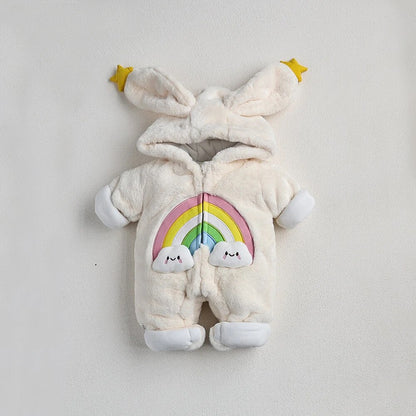 -ベビーアウタージャンプスーツ うさぎ バニー 耳付きフーディロンパース フリース ピンク ホワイト 2カラー ユニセックス 男の子 女の子 子供服 - mamahalo shop - アウタージャンプスーツ -  べビー服 - 子供服 - 男の子 - 女の子