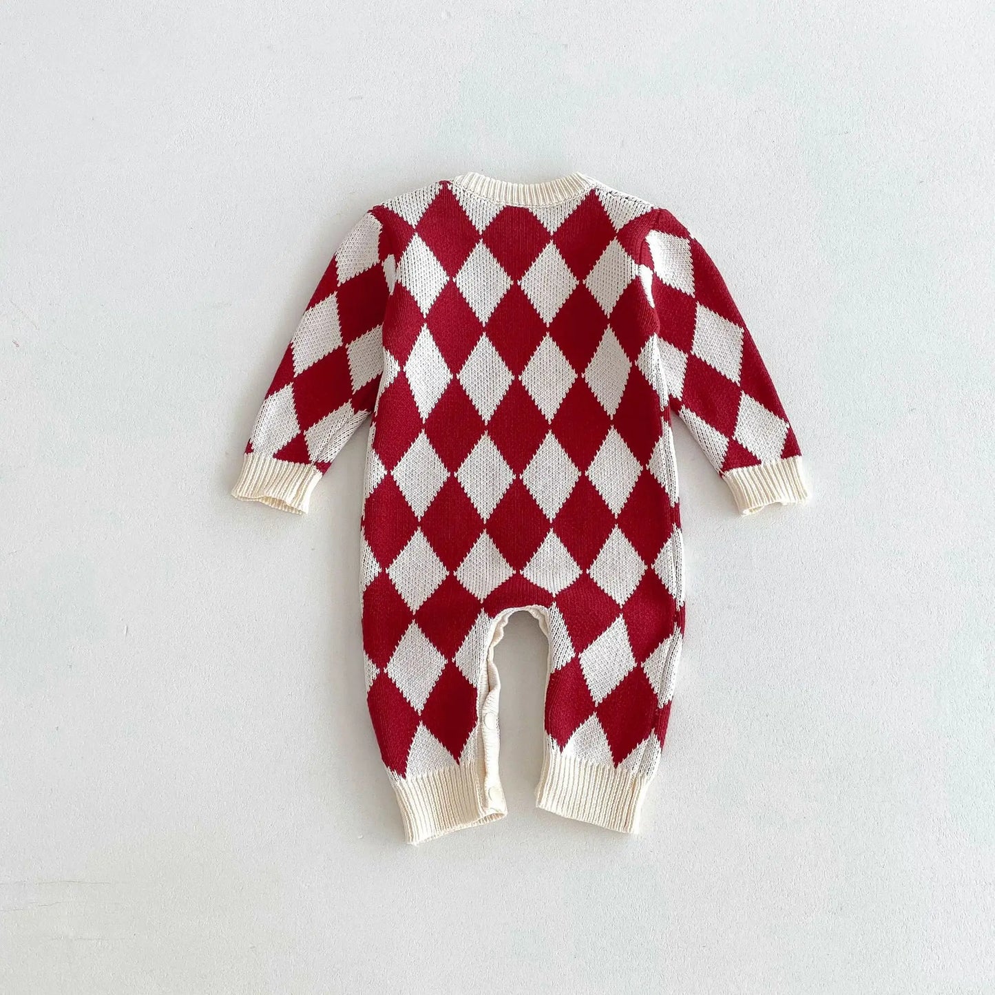 -ベビーロンパース ダイヤチェックピエロニット長袖ジャンプスーツ - mamahalo shop - 長袖ロンパース -  べビー服 - 子供服 - 男の子 - 女の子
