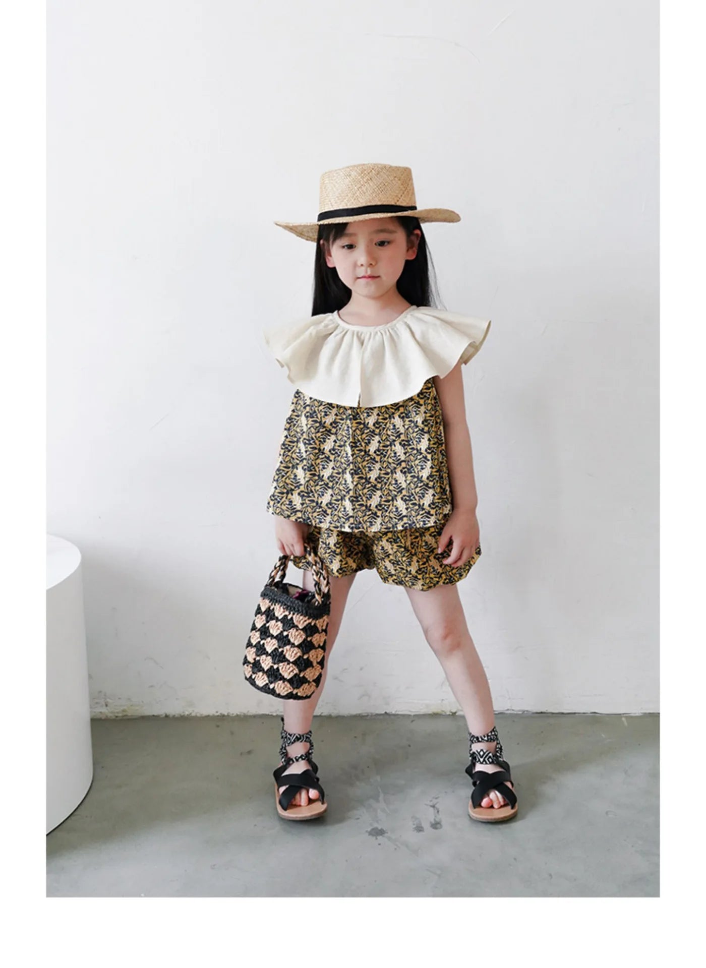 -キッズ ストライプ セットアップ フリルカラー 半袖 ブラウス バルーン ショートパンツ - mamahalo shop - ノースリーブセットアップ -  べビー服 - 子供服 - 男の子 - 女の子