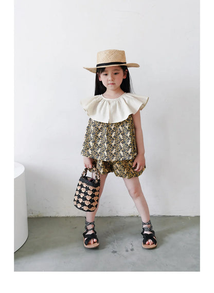 -キッズ ストライプ セットアップ フリルカラー 半袖 ブラウス バルーン ショートパンツ - mamahalo shop - ノースリーブセットアップ -  べビー服 - 子供服 - 男の子 - 女の子