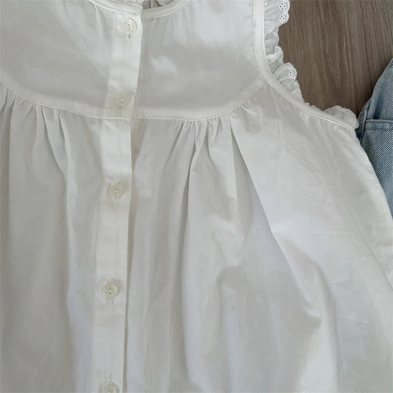 -キッズワンピース ノースリーブ レース縁取り シンプルワンピ ホワイト - mamahalo shop - ノースリーブワンピース -  べビー服 - 子供服 - 男の子 - 女の子