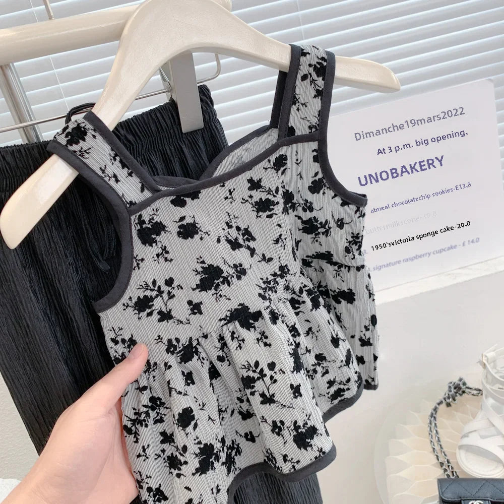 -キッズ セットアップ フラワー キャミソール ペプラム トップス ワイド フレア パンツ【mh0001562】 - mamahalo shop - ノースリーブセットアップ -  べビー服 - 子供服 - 男の子 - 女の子