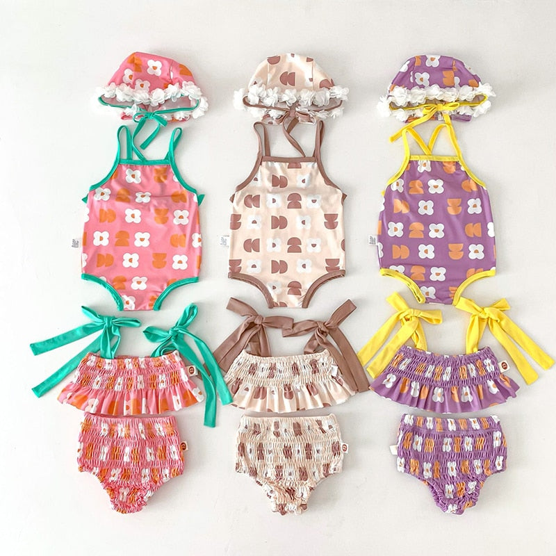 -ベビー水着 ワンピース スイムウェア フラワー花柄 帽子セット 3カラー【mh0004918】 - mamahalo shop - ベビー用水着 -  べビー服 - 子供服 - 男の子 - 女の子