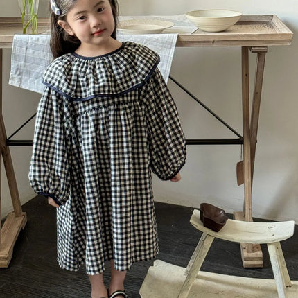 キッズワンピース チェックラッフル襟長袖ワンピース - mamahalo shop - 長袖ワンピース -  べビー服 - 子供服 - 男の子 - 女の子