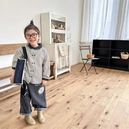 -キッズ長袖シャツ トップス ストライプ ルーズ ブルー ブラック 2カラー ボーイズ 男の子 子供服 - mamahalo shop - 長袖シャツ・ブラウス -  べビー服 - 子供服 - 男の子 - 女の子