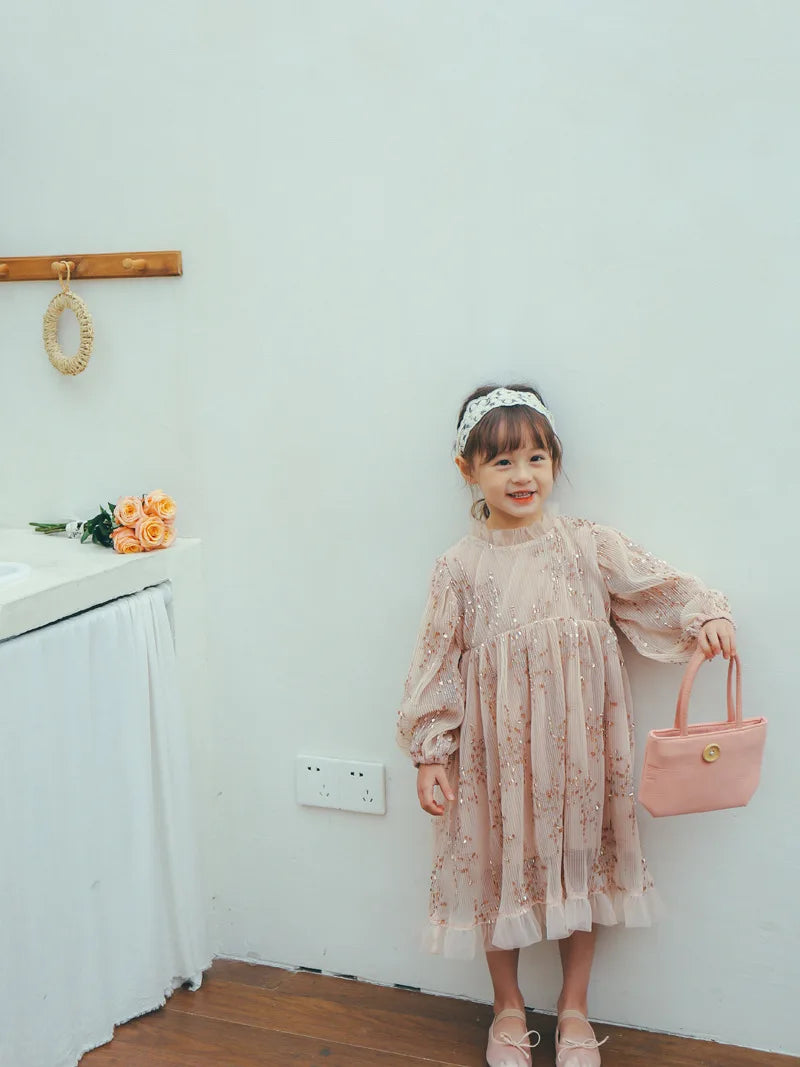 -キッズワンピース スパンコール 長袖パフスリーブ シフォンドレス パーティドレス ピンク【mh0004261】 - mamahalo shop - 長袖ワンピース -  べビー服 - 子供服 - 男の子 - 女の子