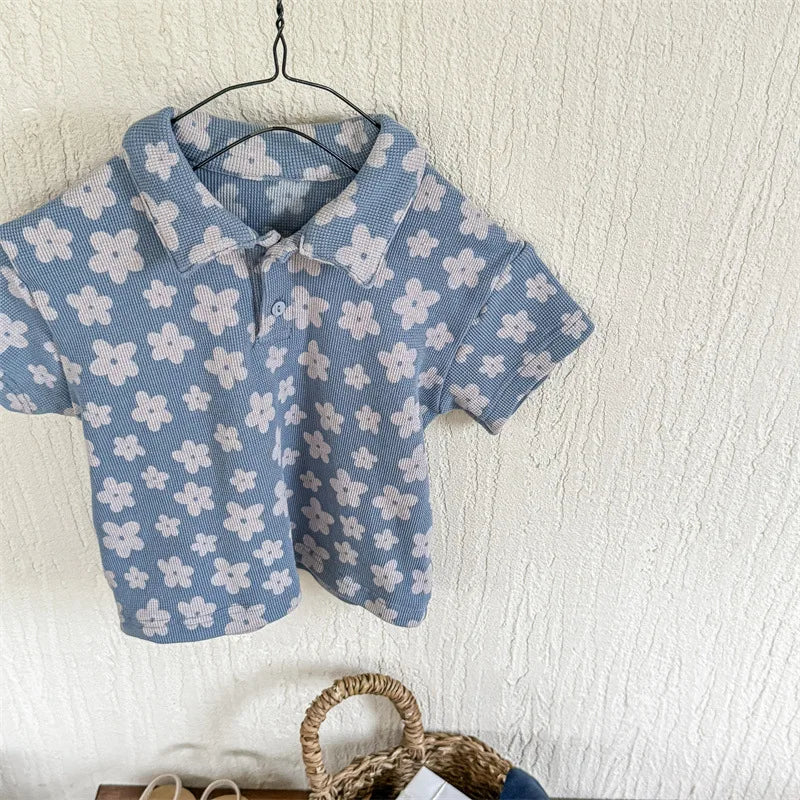 -キッズトップス 半袖ポロシャツ レトロフラワープリント 2カラー【mh0005445】 - mamahalo shop - 半袖シャツ・ブラウス -  べビー服 - 子供服 - 男の子 - 女の子