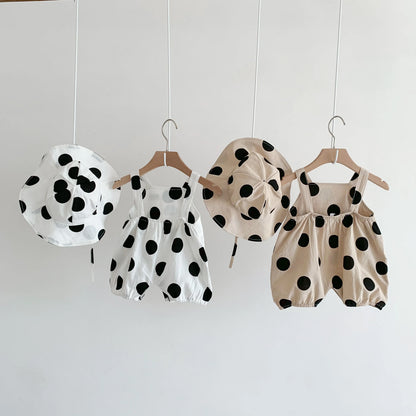 -ベビーロンパース 帽子セット サスペンダーボディスーツ 水玉ポルカドットプリント サマーハットセット 2カラー【mh0006080】 - mamahalo shop - ノースリーブロンパース -  べビー服 - 子供服 - 男の子 - 女の子