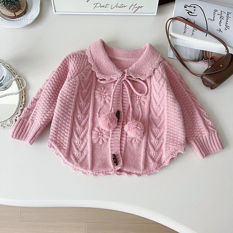 -キッズカーディガン ぽんぽんリボン襟付きニットケープジャケット 2カラー【mh0006937】 - mamahalo shop - カーディガン・パーカー -  べビー服 - 子供服 - 男の子 - 女の子