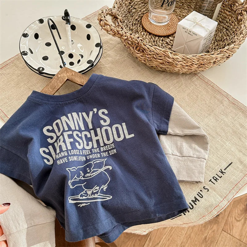 -キッズトップス 象エレファントプリント袖パッチワーク長袖Tシャツ 2カラー - mamahalo shop - 長袖Tシャツ -  べビー服 - 子供服 - 男の子 - 女の子