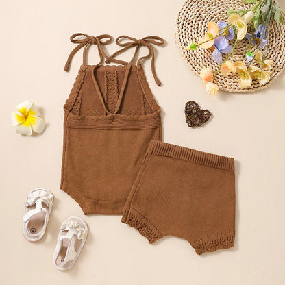 -ベビーセットアップ 2点セット レースニットキャミソールロンパース+ニットショートパンツ 4カラー - mamahalo shop - ロンパースセットアップ -  べビー服 - 子供服 - 男の子 - 女の子