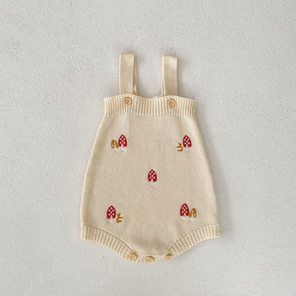 ベビー カーディガン サスペンダーローンパース 単品 セット ニット キノコ🍄 刺繍 レース襟 セットアップ ベージュ ガールズ 女の子 - mamahalo shop - ロンパースセットアップ - ベビー服 - 子供服 - 男の子 - 女の子