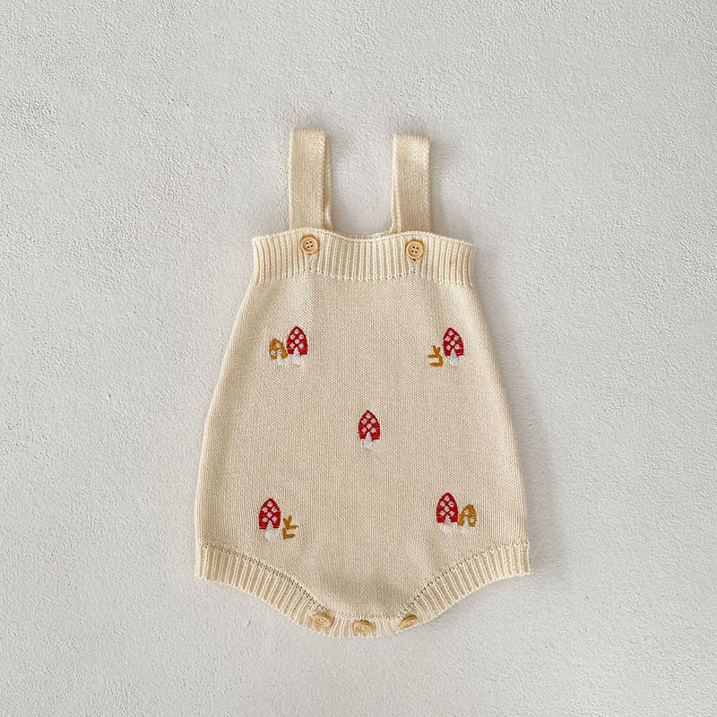 -ベビー カーディガン サスペンダーローンパース 単品 セット ニット キノコ🍄 刺繍 レース襟 セットアップ ベージュ ガールズ 女の子【mh0002828】 - mamahalo shop - ロンパースセットアップ -  べビー服 - 子供服 - 男の子 - 女の子