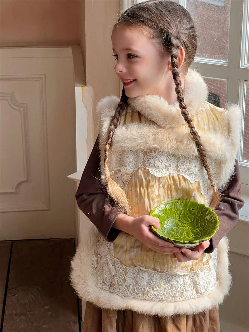 -キッズベスト ファーフリースパッチワーク レース チャイナドレス - mamahalo shop - ベスト -  べビー服 - 子供服 - 男の子 - 女の子